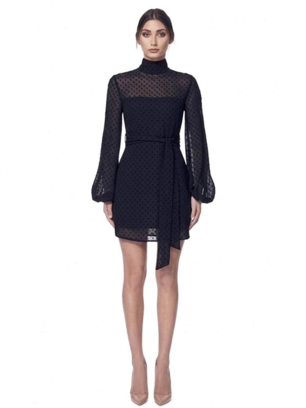 Misha Collection Black High Neck Mini Dress With Blouson Sleeve